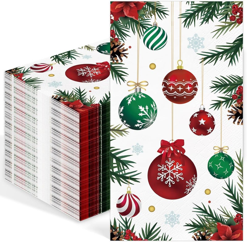 IANFEPH 100 Pcs Christmas Paper Napkin 3 Ply Disposable Bathroom Guest Hand Towels Xmas Ball Pine Decorative Dinner Napkins for Winter Holiday Kitchen Wedding Birthday Party - Image 1